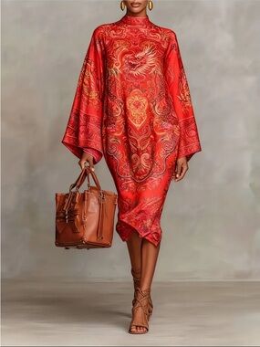 Vibrant Red Dragon-Print Midi Dress